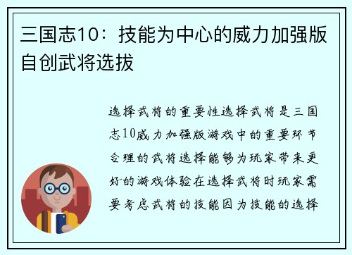 三国志10：技能为中心的威力加强版自创武将选拔